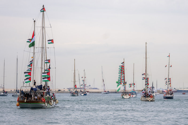 Båtar med aktivister och nödhjälp till palestinier i Gaza vid avfärden från Barcelona tidigare i april.
