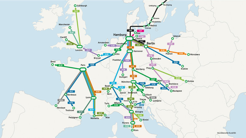 Kartan visar vilken tid man kan vara i olika städer i Europa om man utgår från att vara i Hamburg med SJ:s nattåg klockan 06.00.