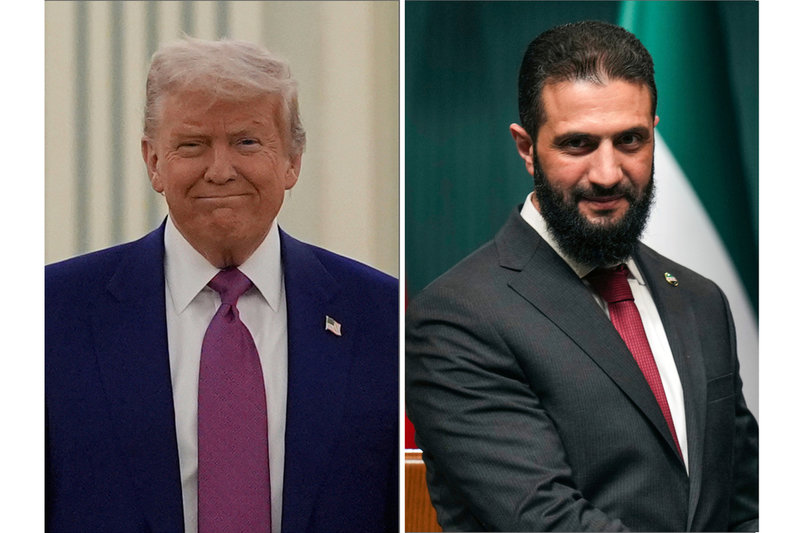 USA:s president Donald Trump och Syriens interimspresident Ahmed al-Sharaa. Den senare har trimmat skägget och försöker ömsa skinn från al-Qaida-affilierad islamist till pragmatisk statsman. Arkivbild.
