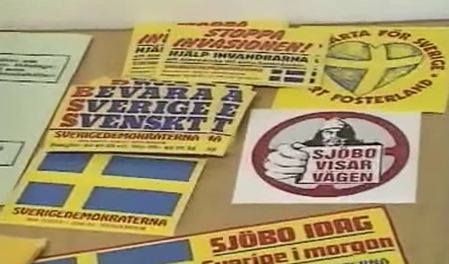 Bevara Sverige Svenskt var en skinheadsordganistion som hyllade nazismen. Slagordet Bevara Sverige svenskt användes sedan flitigt av Sverigedemokraterna. Bilden visar tidig SD-reklam. Bevara Sverige Svenskt var en skinheadsordganistion som hyllade nazismen. Slagordet Bevara Sverige svenskt användes sedan flitigt av Sverigedemokraterna. Bilden visar tidig SD-reklam.