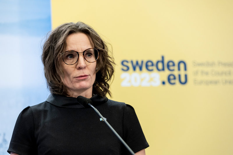 EU-minister Jessika Roswall (M) under en pressträff vid lanseringen av Sveriges ordförandeskap i EU:s ministerråd. Arkivbild.