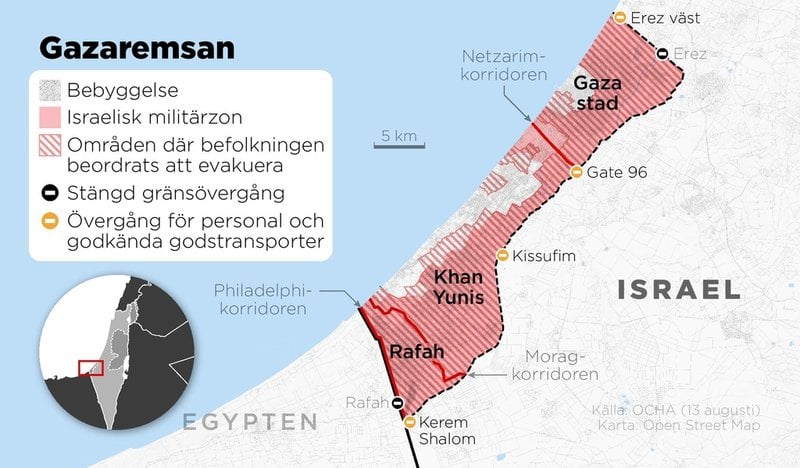 Kartan visar den israeliska militärzonen i Gazaremsan samt områden där befolkningen beordrats att evakuera. Under onsdagen gav Israels försvarsminister Israel Katz grönt ljus till en plan som innebär att Gaza stad också ska utrymmas. 