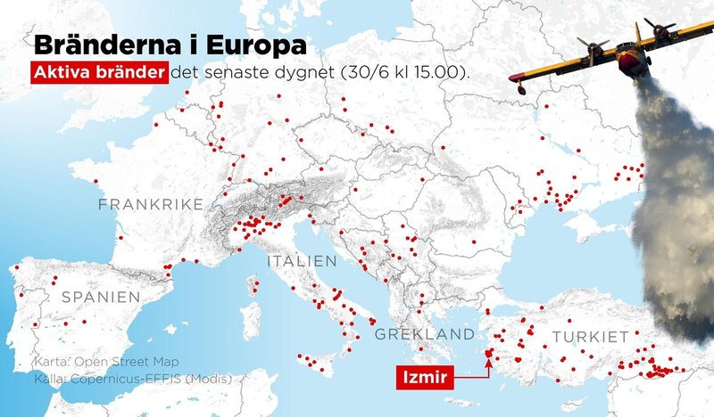 Aktiva bränder i Europa det senaste dygnet (30/6 kl 15.00).