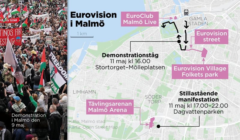 Kartan visar områden i Malmö där evenemang i samband med Eurovision kommer att hållas samt demonstrationer under lördagen den 11 maj.