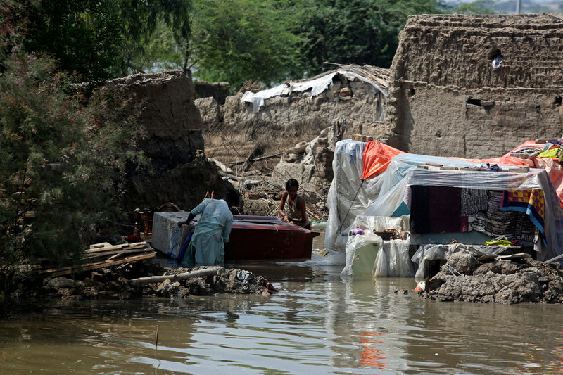 I provinsen Sindh i Pakistan försöker människor samla ihop sina ägodelar efter att översvämningar lagt stora områden under vatten. Bilden är från slutet av augusti.