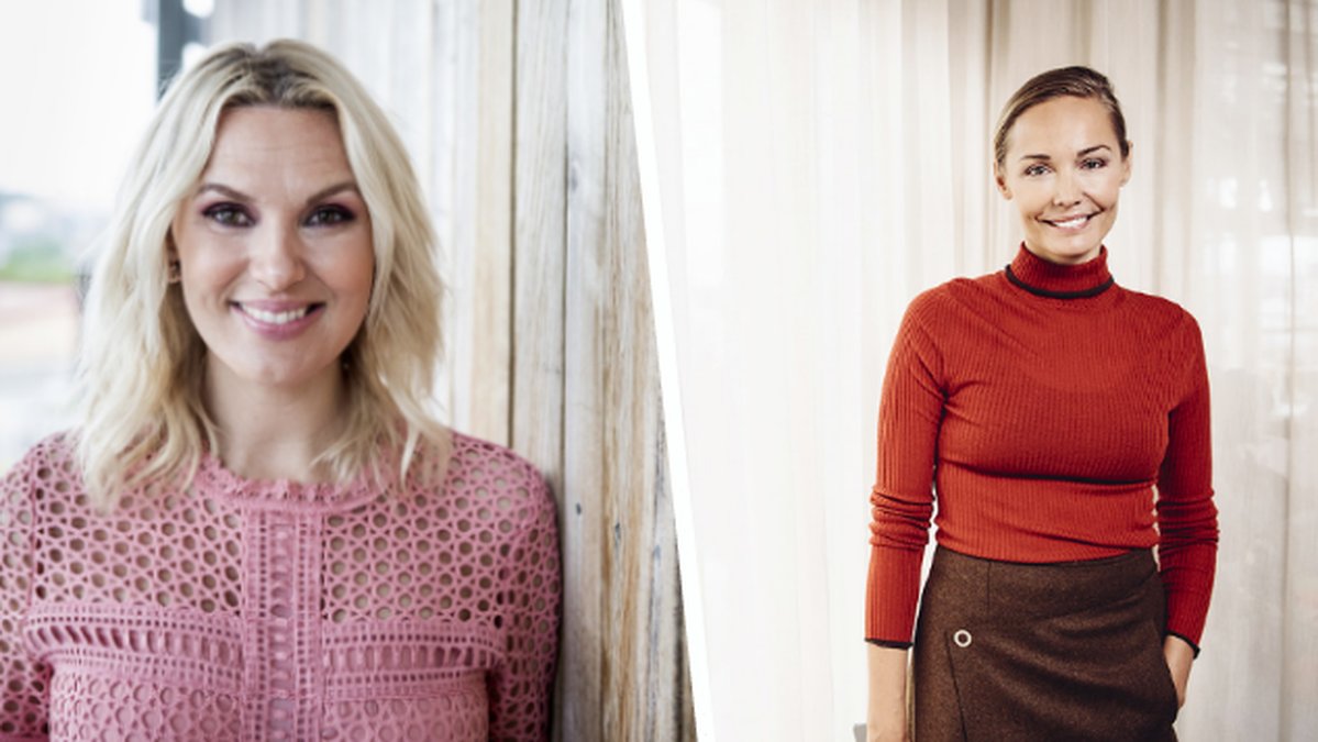 Sanna Nielsen i rosa tröja och Carina Berg i röd tröja.