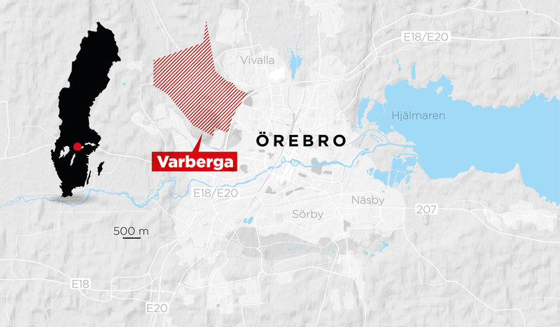 Webbkarta över området Varberga i Örebro där flera skottlossningar ägt rum den senaste tiden.