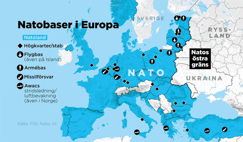 Karta som visar Natos högkvarter, staber och baser i Europa.