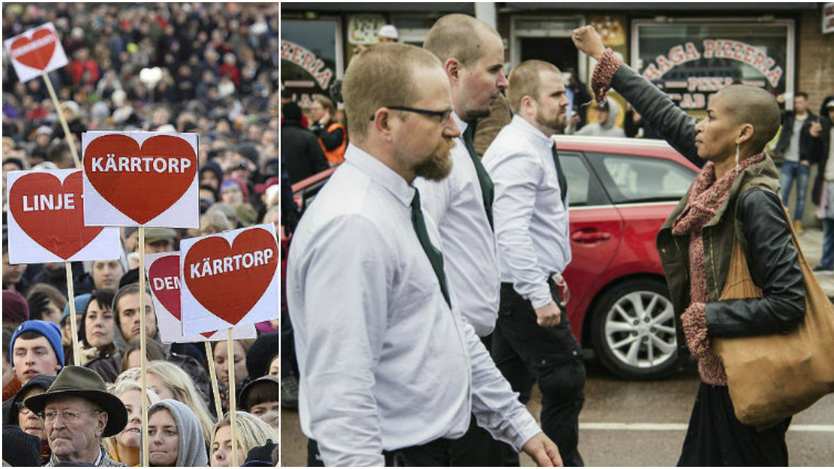 Ny svensk forskning visar att rasister saknar empati. Bilden till höger är från nazistiska Nordfronts demonstration i Borlänge 2016, då Tess Asplund gick till motaktion.