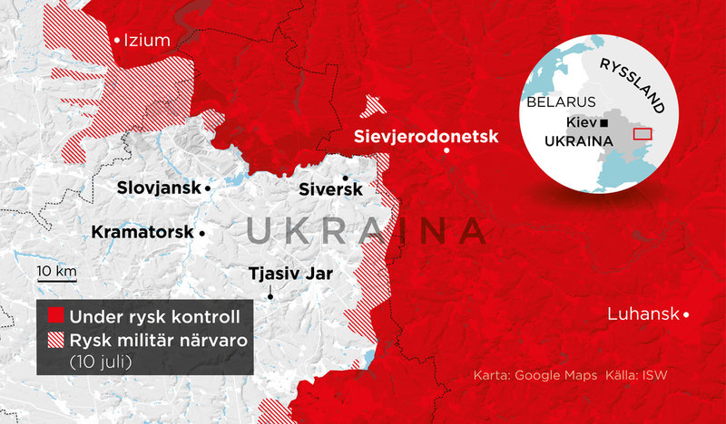 Områden i östra Ukraina under rysk kontroll samt områden med rysk militär närvaro den 10 juli.