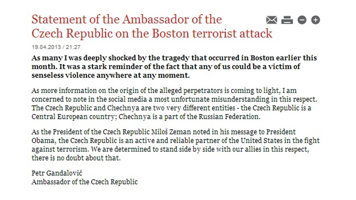 Meddelandet publicerades på ambassadens officiella hemsida.