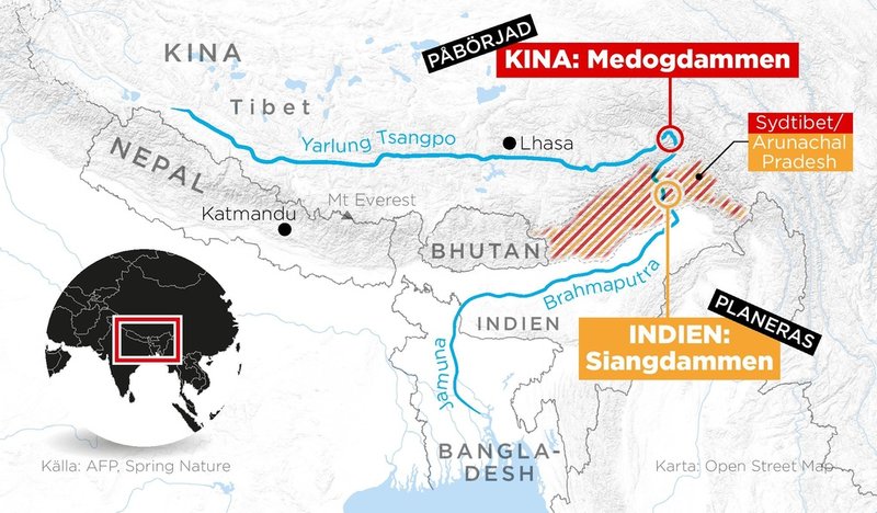 Indiens planerade damm ligger nedströms i samma flod som Kina bygger i, även om floden byter namn flera gånger.