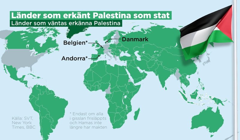 Kartan visar länder som erkänt Palestina som stat samt de länder som förväntas göra det inom kort.