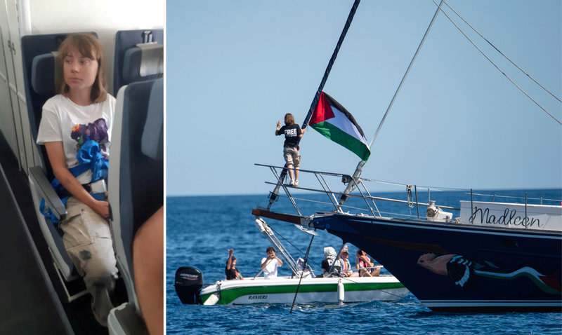 Greta Thunberg ombord på flygplanet som deporterar henne från Israel till Sverige, via Frankrike, under tisdagen. Till höger Thunberg ombord fartyget Madleen innan det åkte mot Gaza den 1 juni.