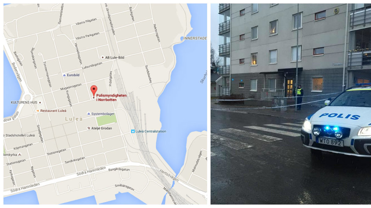 En kartbild på Luleå och en polisbil.