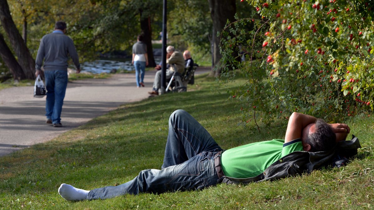 Paus i solen. En man njuter i solen vid Mälaren i Rålambshovsparken i Stockholm.