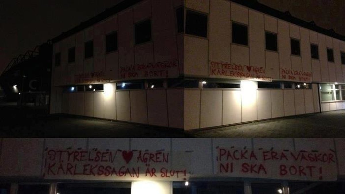 Utanför Swedbank-arena hade fansen hängt upp följande budskap.