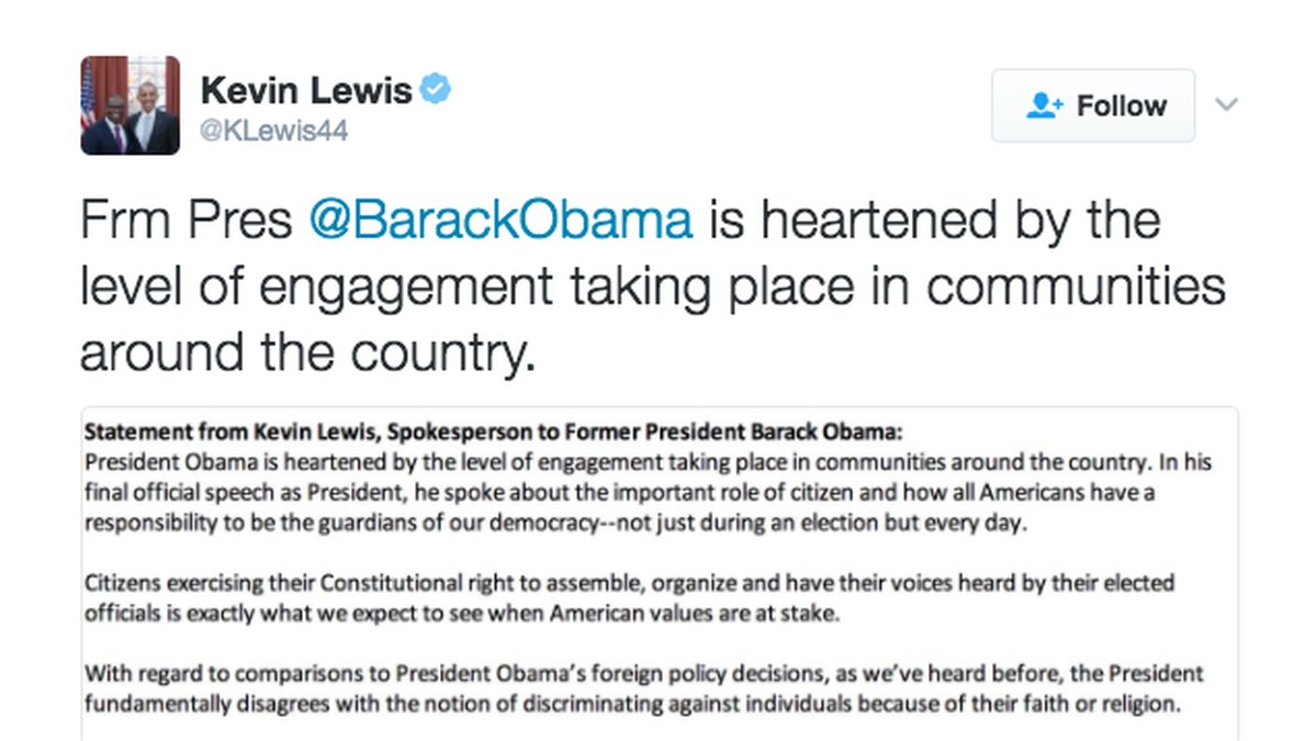 Obama har gått ut med ett uttalande via sin talesperson Kevin Lewis.