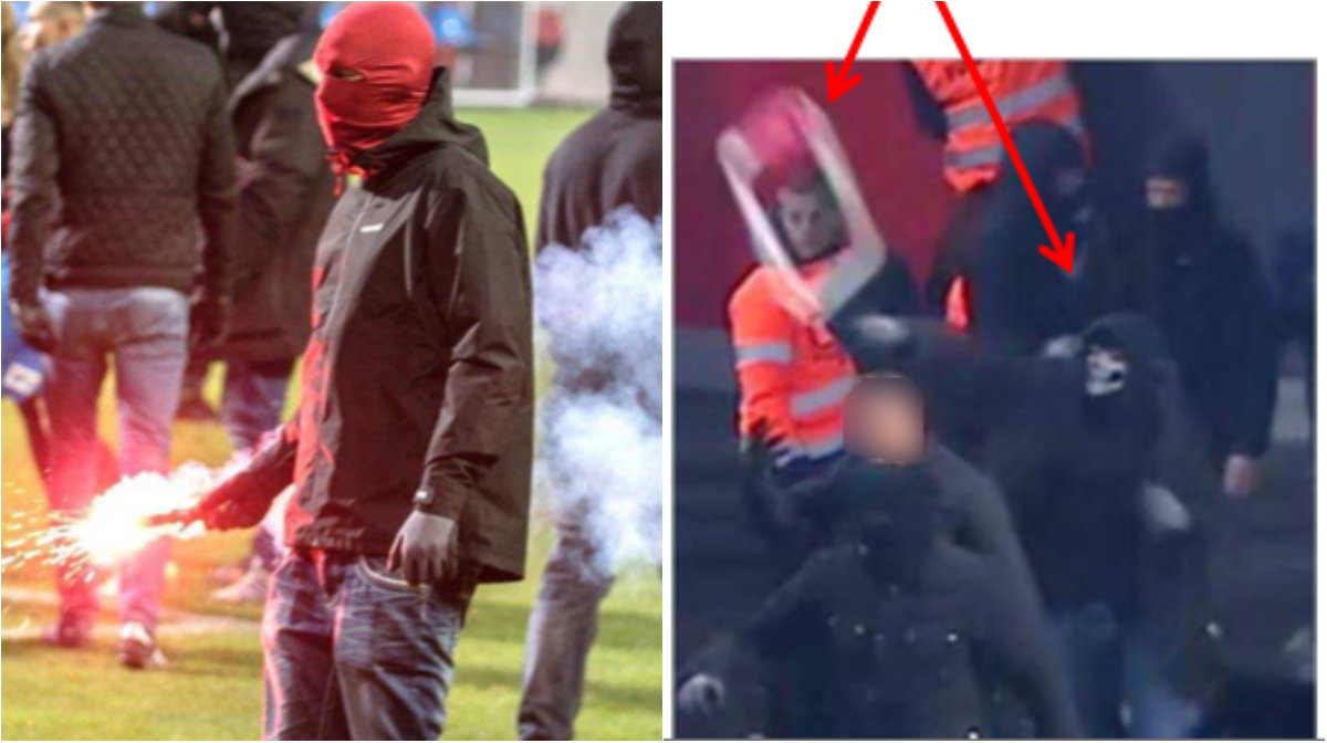 En av de åtalade bränner av en bengal på spelplanen och en annan kastar bitar av en reklamskylt mot spelare. En av de åtalade bränner av en bengal på spelplanen och en annan kastar bitar av en reklamskylt mot spelare.