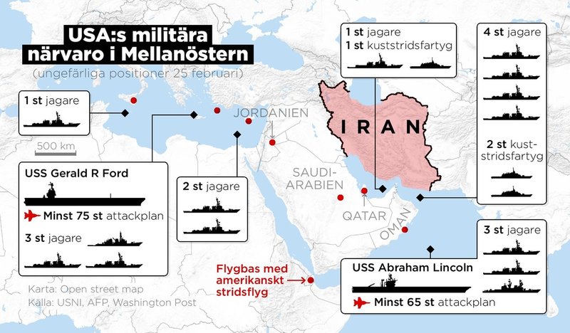 Ungefärliga positioner för amerikanska ytstridsfartyg i Mellanöstern den 25 februari.