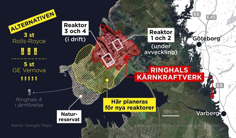 Kartan visar området i anslutning till Ringhals kärnkraftverk där byggnation av nya kärnkraftverk planeras.