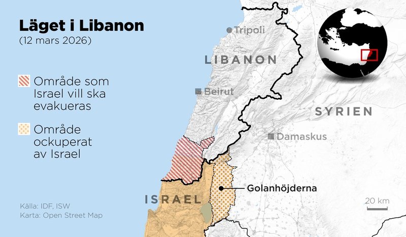 Kartan visar det område i södra Libanon som Israel uppmanat invånare att evakuera.