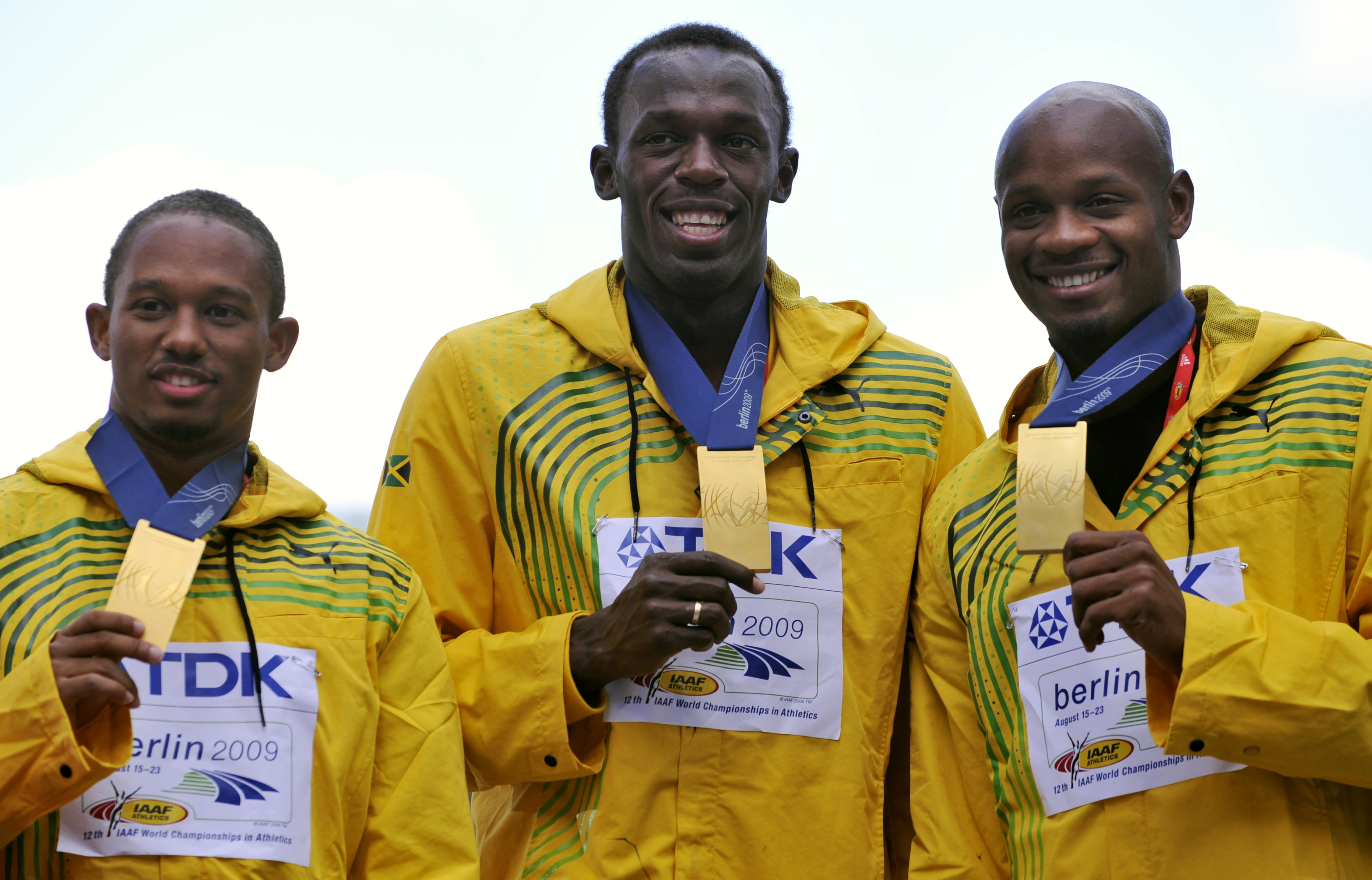 Från vänster: Michael Frater, Usain Bolt, Asafa Powell.