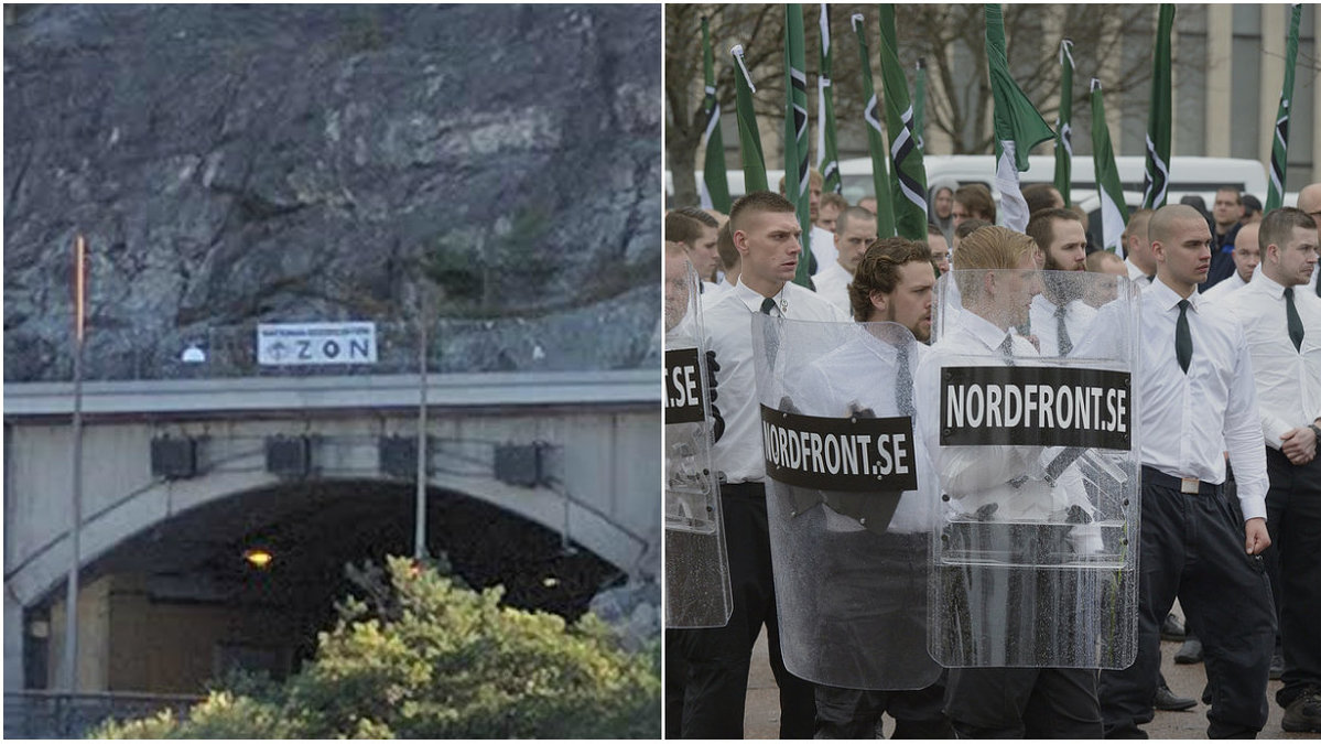 Den nazistiska rörelsen Nordfront satte under natten upp banderoller längs med flera stora vägar i Stockholmsområdet. 