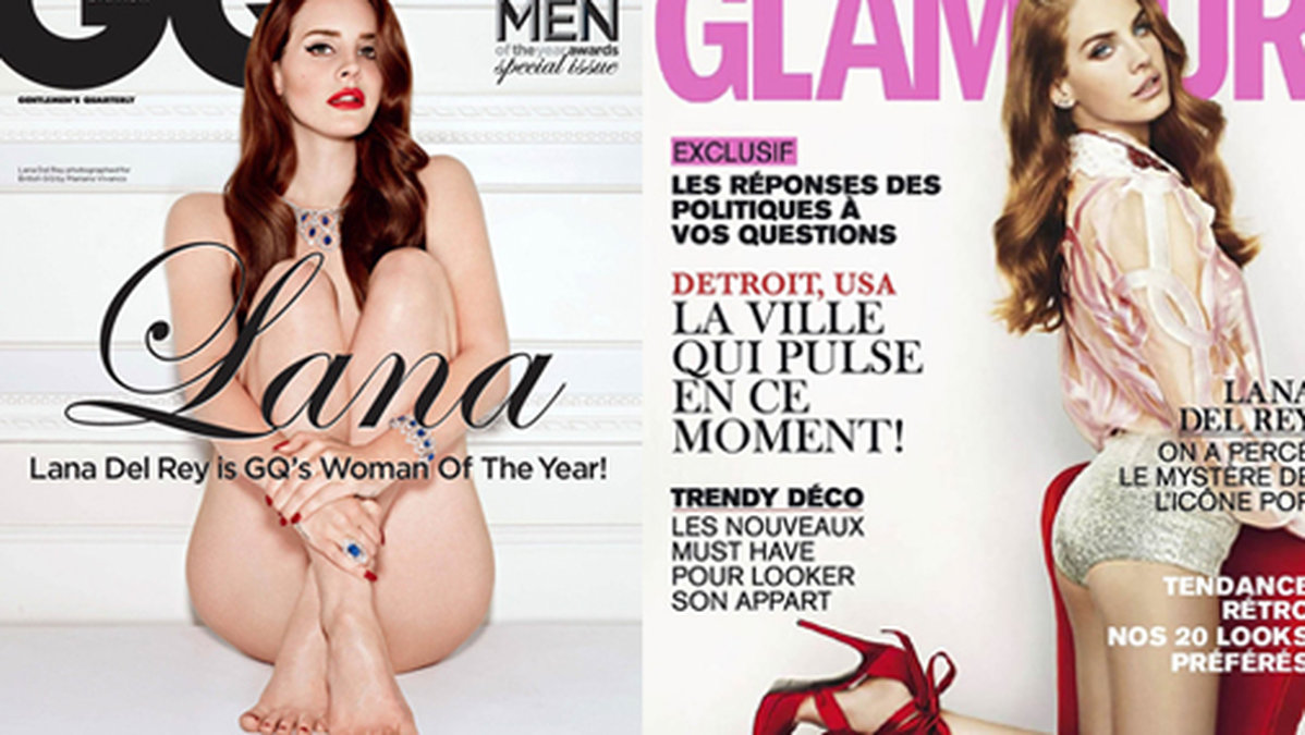 Lanas vågade omslag för GQ till vänster. Till höger ser vi henne på omslaget till tidningen Glamour.