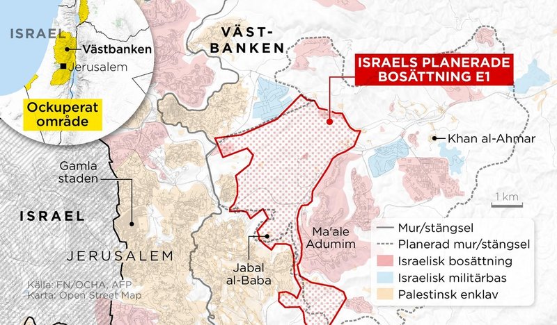 Kartan visar Israels planerade bosättning öster om Jerusalem på ockuperade Västbanken.