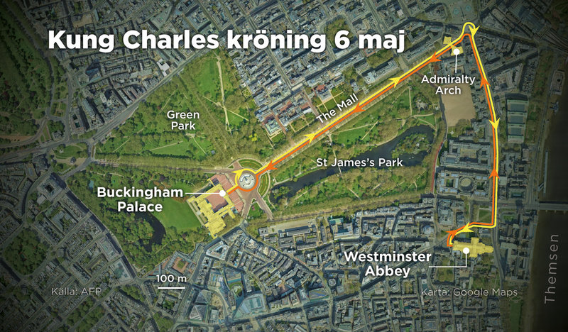Kortegevägen i London vid kung Charles III kröning den 6 maj. Från Buckingham Palace till Westminster Abbey genom Admiralty Arch.