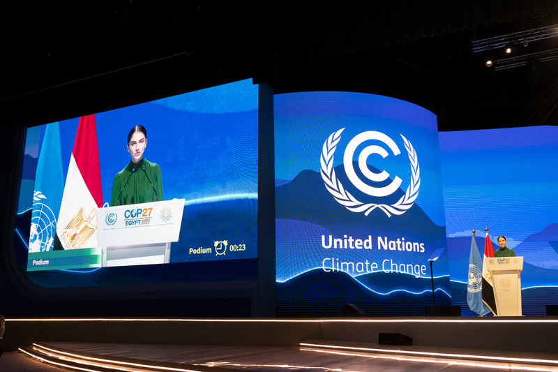 Klimat- och miljöminister Romina Pourmokhtari (L) talar på COP27.