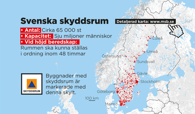 Det finns i Sverige i dag cirka 65 000 skyddsrum med plats för sju miljoner individer.