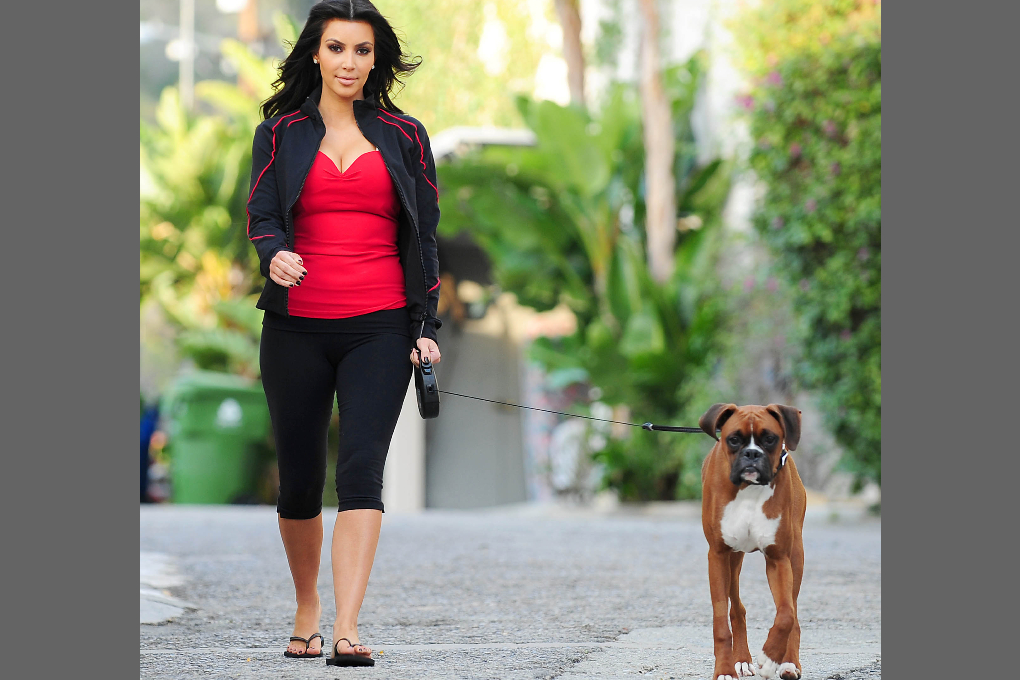 Kim Kardashian ute med en boxer.