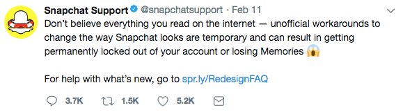 Snapchat varnar användare för att försöka återfå den gamla designen. Snapchat varnar användare för att försöka återfå den gamla designen.
