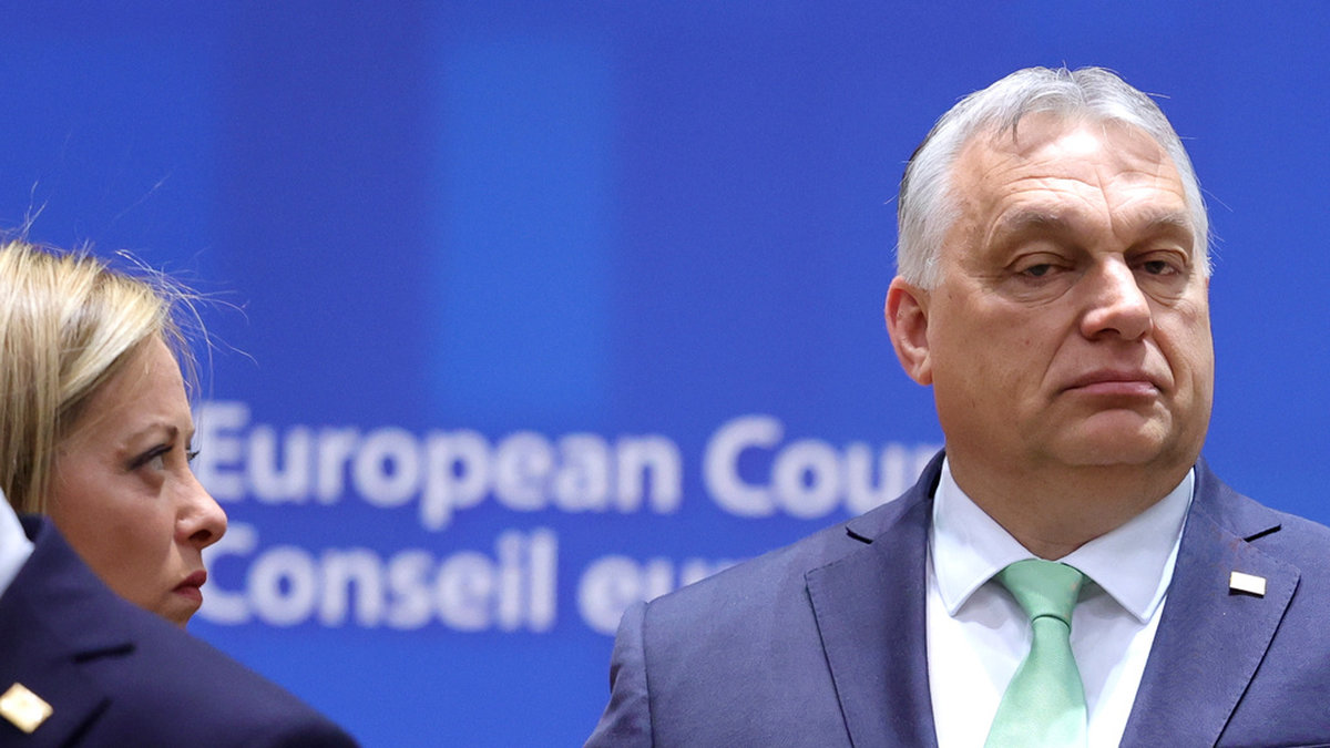 Ungern rasar mot EU:s migrationsuppgörelse i ministerrådet. Här står premiärministern Viktor Orban till höger om Italiens Georgia Meloni, som har varit desto mer angelägen om att få till en större omfördelning i asylmottagandet. Arkivbild.