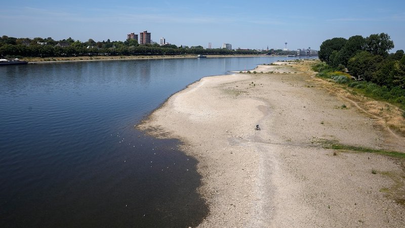 Floden Rhen ser ut att sina mellan storstäderna Düsseldorf och Köln.