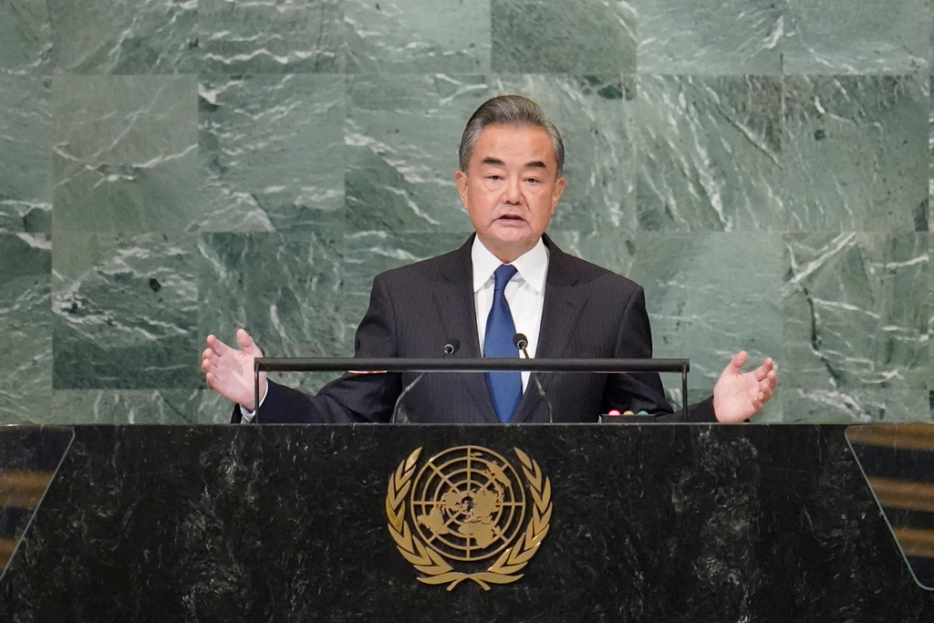 Kinas utrikesminister Wang Yi under sitt anförande i FN:s generalförsamling på lördagen.