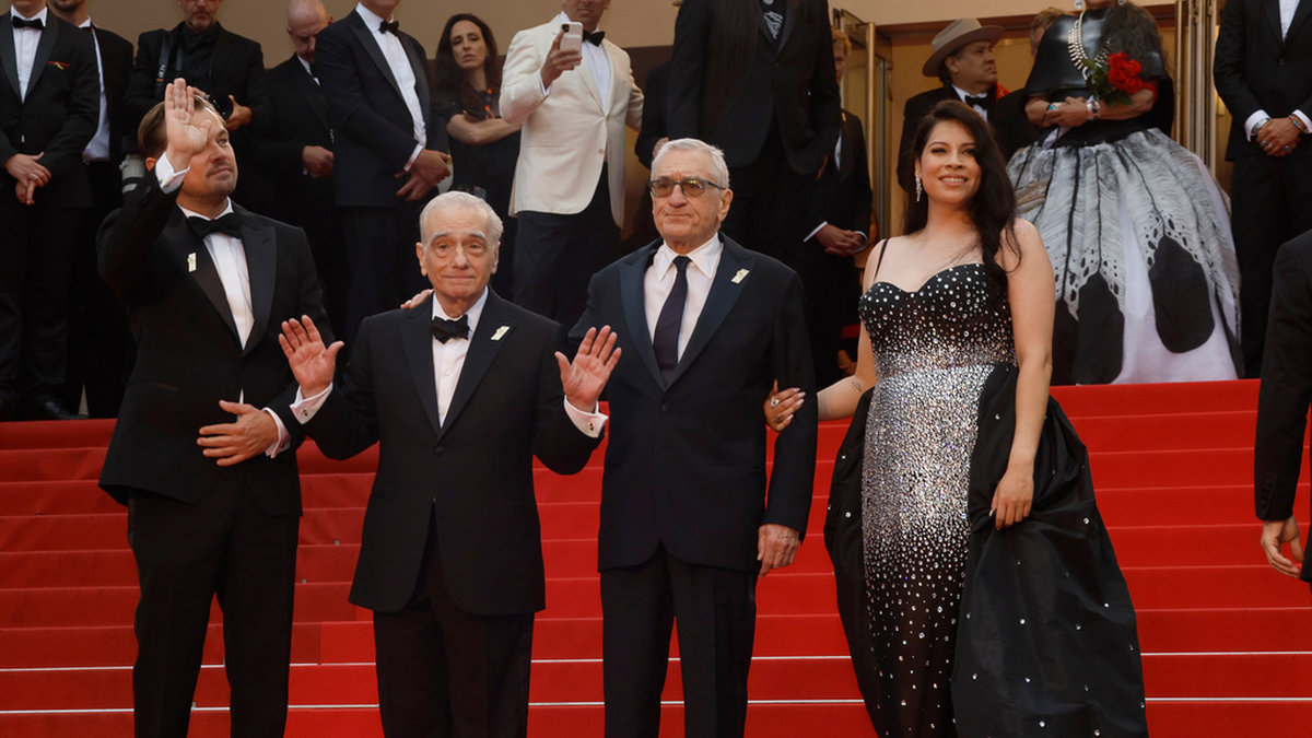 Leonardo DiCaprio, Martin Scorsese, Robert De Niro, och Cara Jade Myers på premiären av filmen 'Killers of the flower Moon' på Cannesfestivalen i helgen.