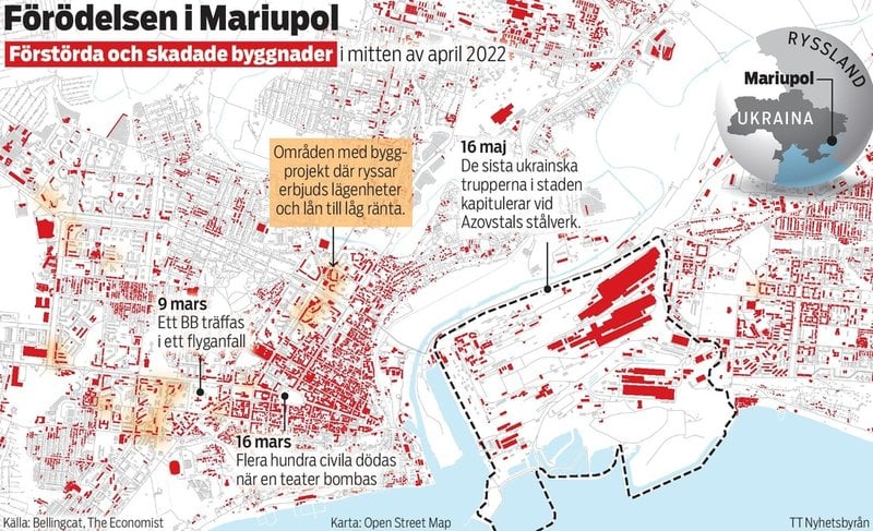 Kartan visar förstörda och skadade byggnader i Mariupol i slutet av den ryska belägringen av staden i mitten av april 2022.