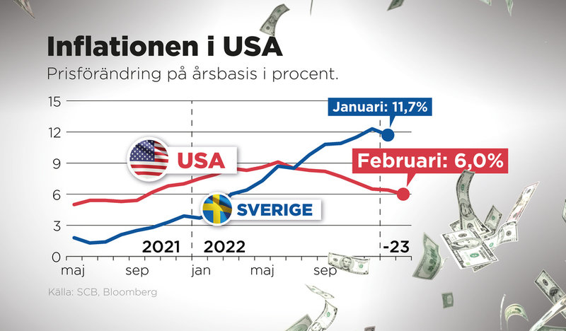 Inflationen i USA sjönk till 6 procent i februari, enligt det amerikanska arbetsmarknadsdepartementet.