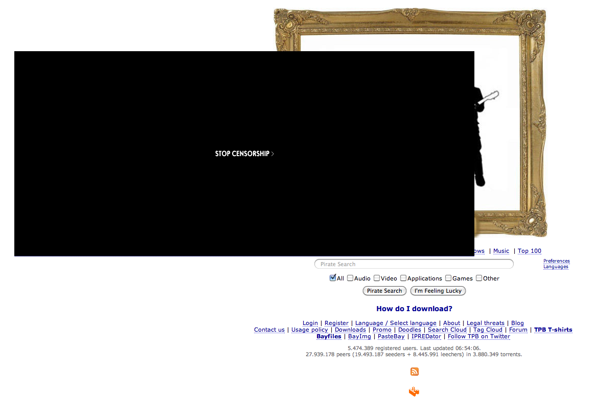 Pirate Bay har lagt upp en stor svart fyrkant med texten "Stop censorship" som täcker större delen av sajtens förstasida. Pirate Bay har lagt upp en stor svart fyrkant med texten "Stop censorship" som täcker större delen av sajtens förstasida.