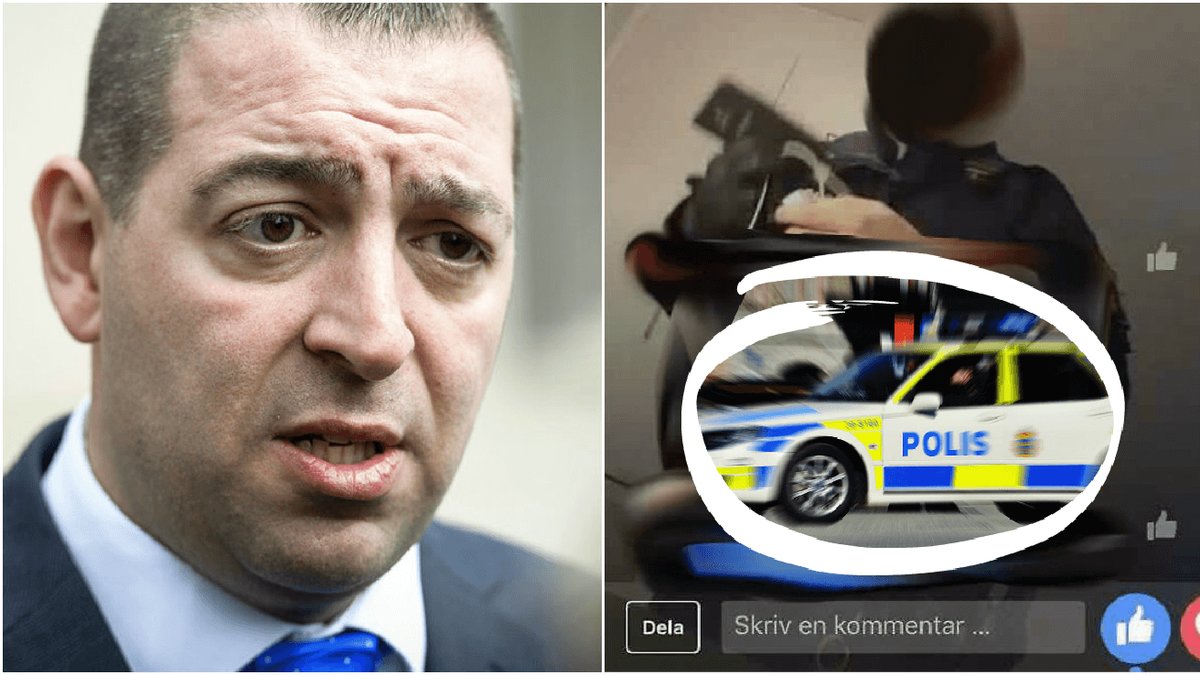 En bild på Roger Haddad, en skärmdump från Facebookvåldtäkten och en bild på en polisbil.