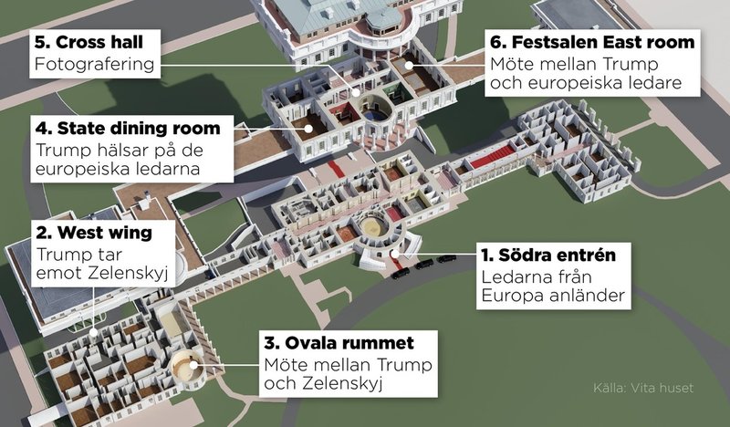 Donald Trump ska ha ett möte med  Ukrainas president Volodymyr Zelenskyj i Ovala rummet för att sedan träffa de europeiska ledarna i Vita husets representationsvåning.