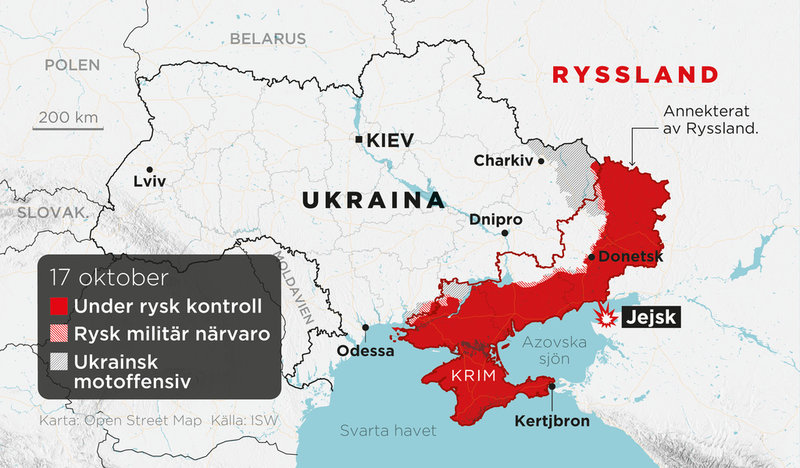 Jejsk placerad på en karta över ställningarna i kriget. Områden under rysk kontroll, områden med rysk militär närvaro, ukrainska motoffensiver samt annekterade områden, den 17 oktober.