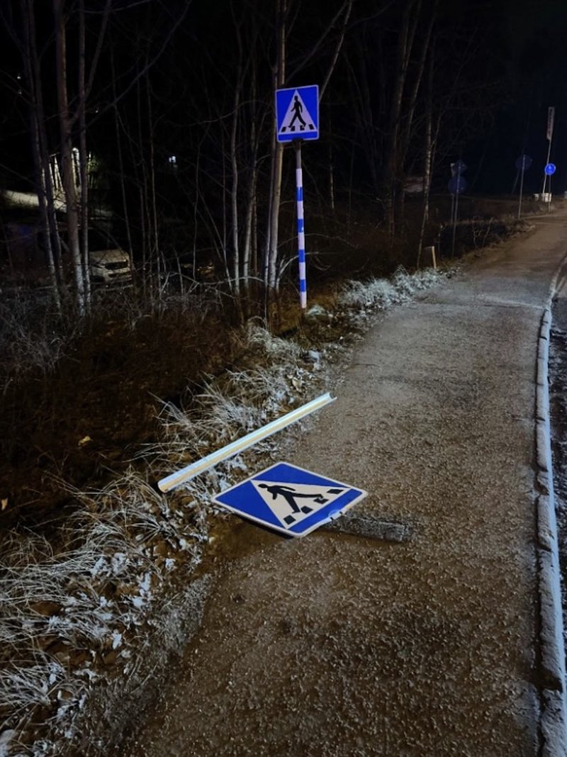 Här är vägskylten som Katja Nyberg körde ner med sin bil. Foto: Polisen