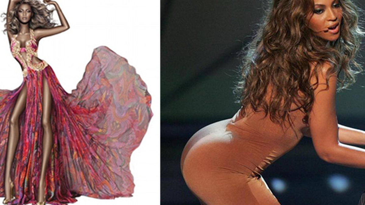 Till vänster: Så här såg Beyoncé ut i Cavallis pressutskick. Till höger: Beyoncé på scen.