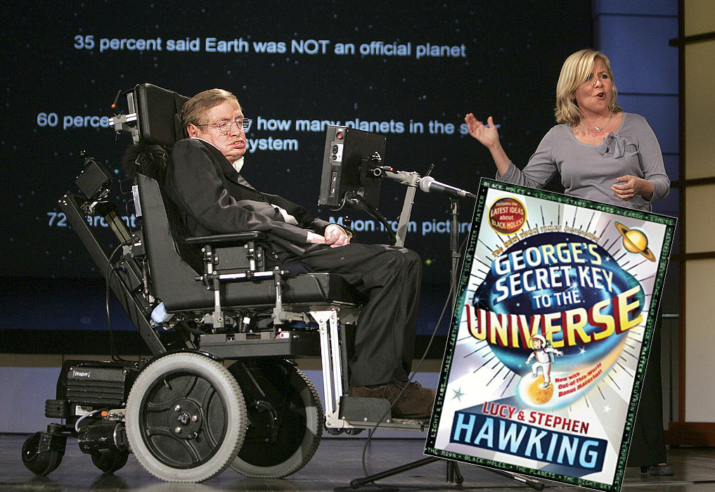 Stephen Hawking med dottern Lucy Hawking och deras barnbok om Georges äventyr i rymden Stephen Hawking med dottern Lucy Hawking och deras barnbok om Georges äventyr i rymden