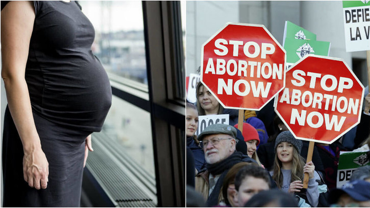 Två bilder i en. Till vänster en gravid kvinna, till höger en bild på abortmotståndare.