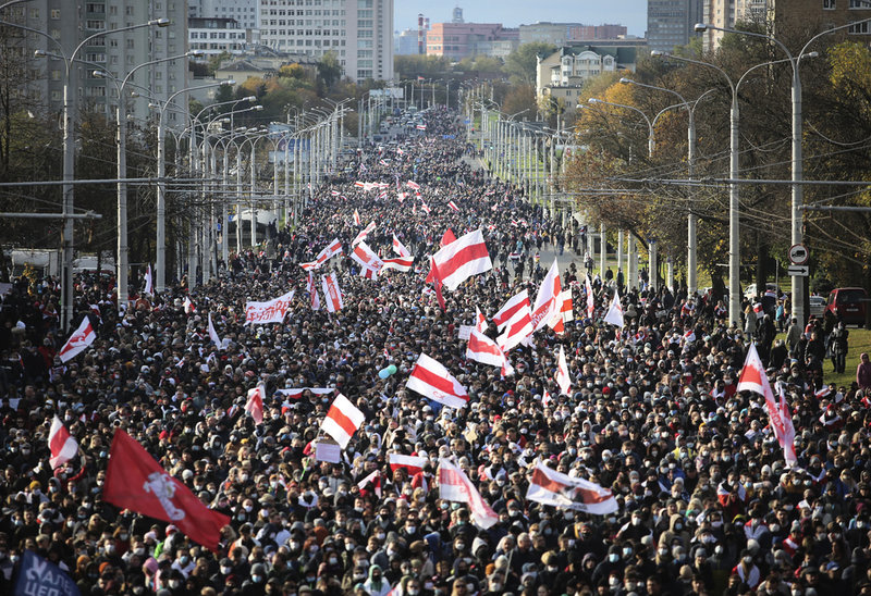 Demonstrationerna i Belarus 2020 och 2021 skedde över hela landet, med hundratusentals deltagare. Arkivbild från oktober 2020.